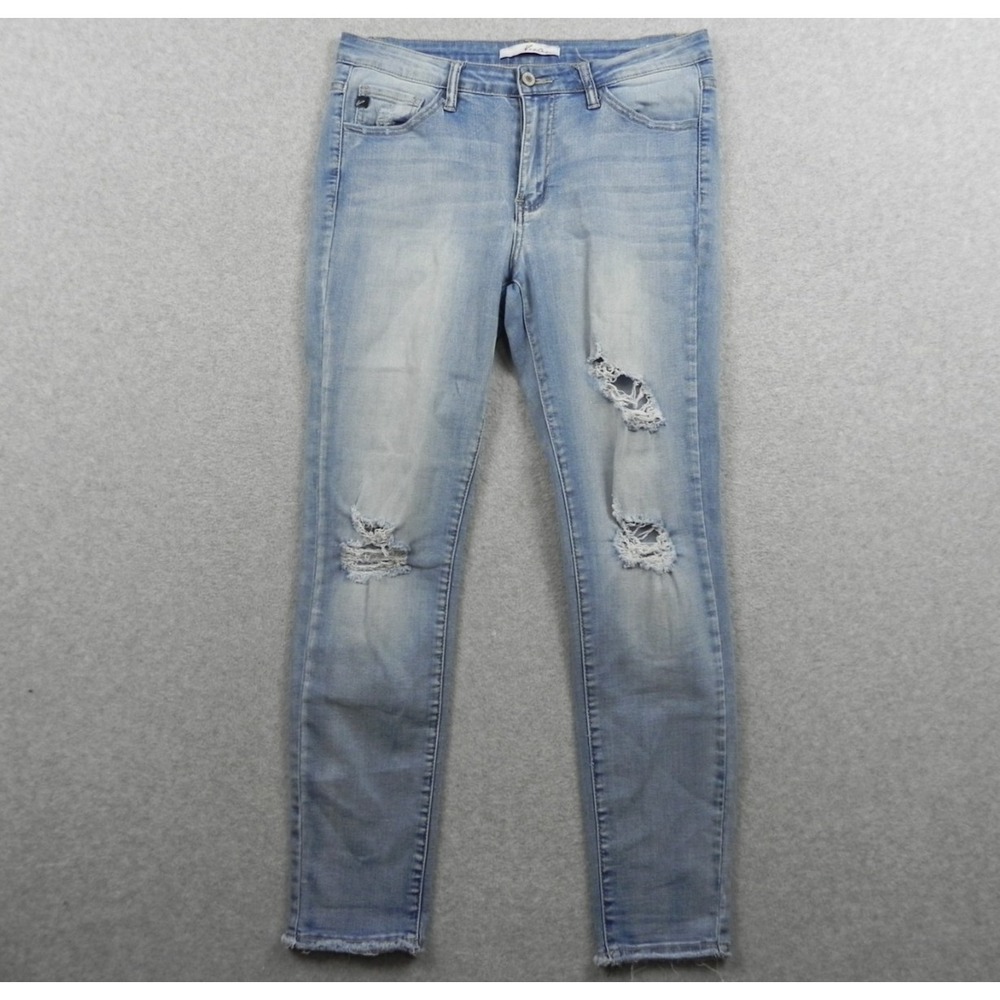 KanCan Jeans Womens 11/29 Mid-Rise Ankle Skinny‎ Raw Hem Distressed Denim Blue